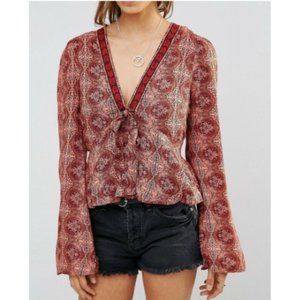 Free People Time of Your Life Printed Bell Sleeve Blouse in Coral Combo